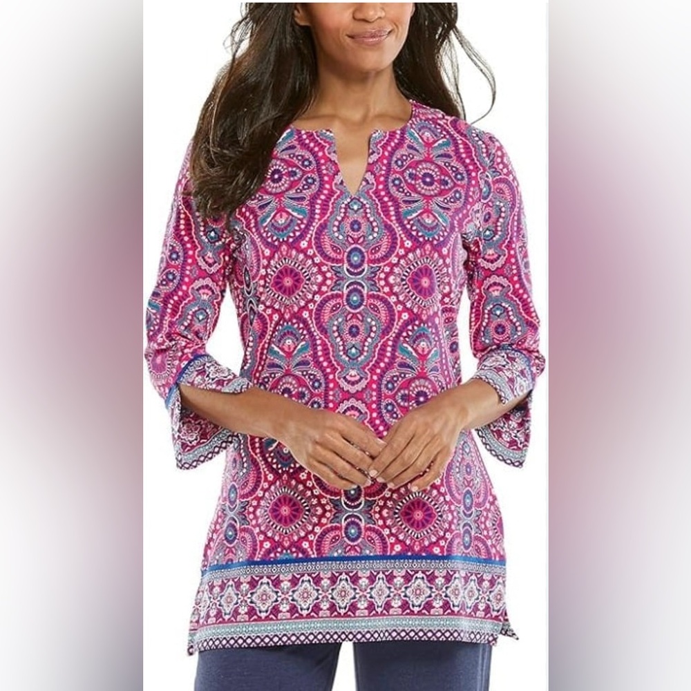 Coolibar St. Lucia‎ Tunic Peony Coral Boho Crest Paisley Pink Blue UPF 50+ Small